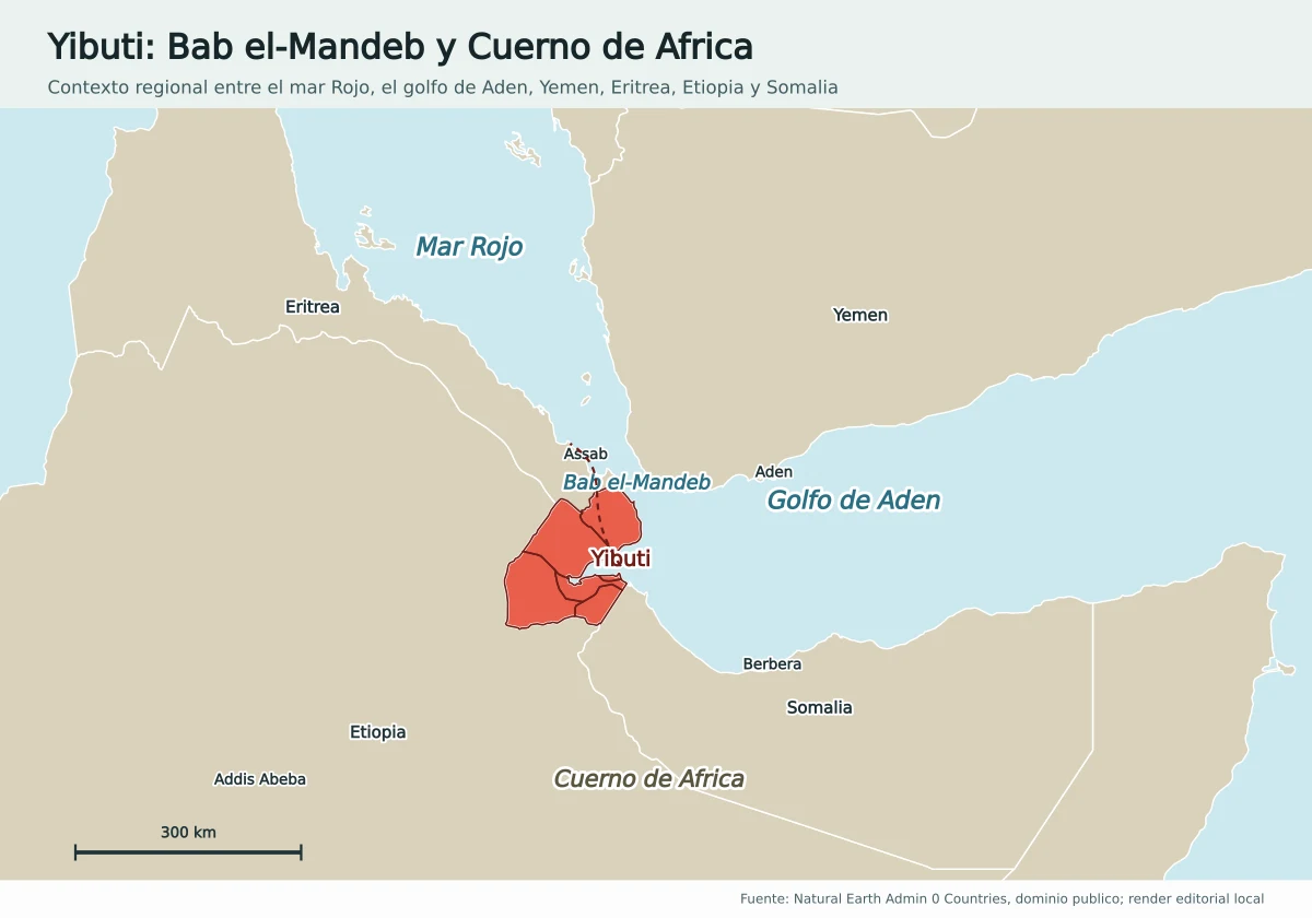 Mapa regional de Yibuti junto al estrecho de Bab el-Mandeb, el mar Rojo, el golfo de Adén, Yemen, Eritrea, Etiopía y Somalia