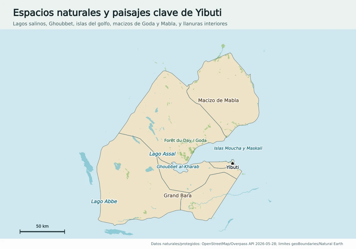 Mapa natural de Yibuti con Lago Assal, Lago Abbe, Ghoubbet al-Kharab, Forêt du Day, macizo de Mabla, Grand Bara e islas Moucha y Maskali