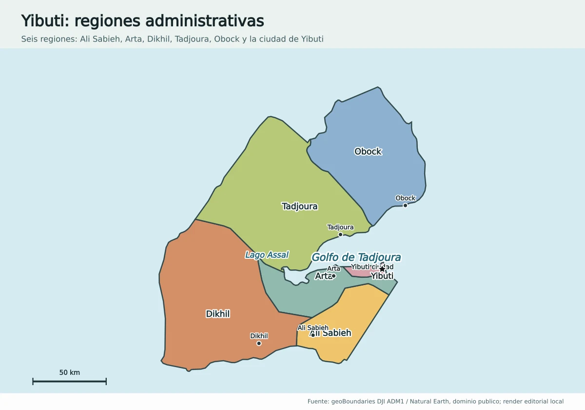 Mapa administrativo de Yibuti con las regiones de Ali Sabieh, Arta, Dikhil, Tadjoura, Obock y la ciudad de Yibuti