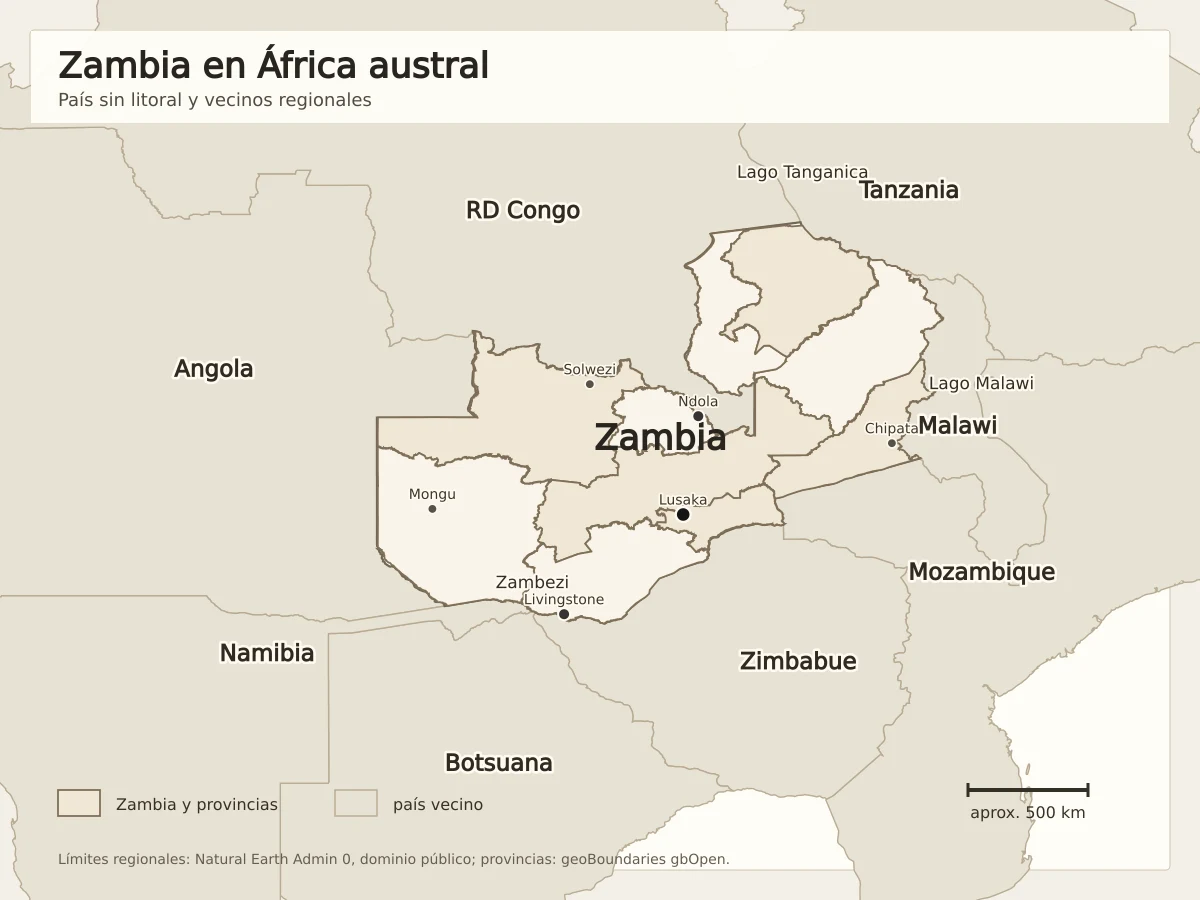 Mapa regional de Zambia con Angola, República Democrática del Congo, Tanzania, Malawi, Mozambique, Zimbabue, Botsuana y Namibia