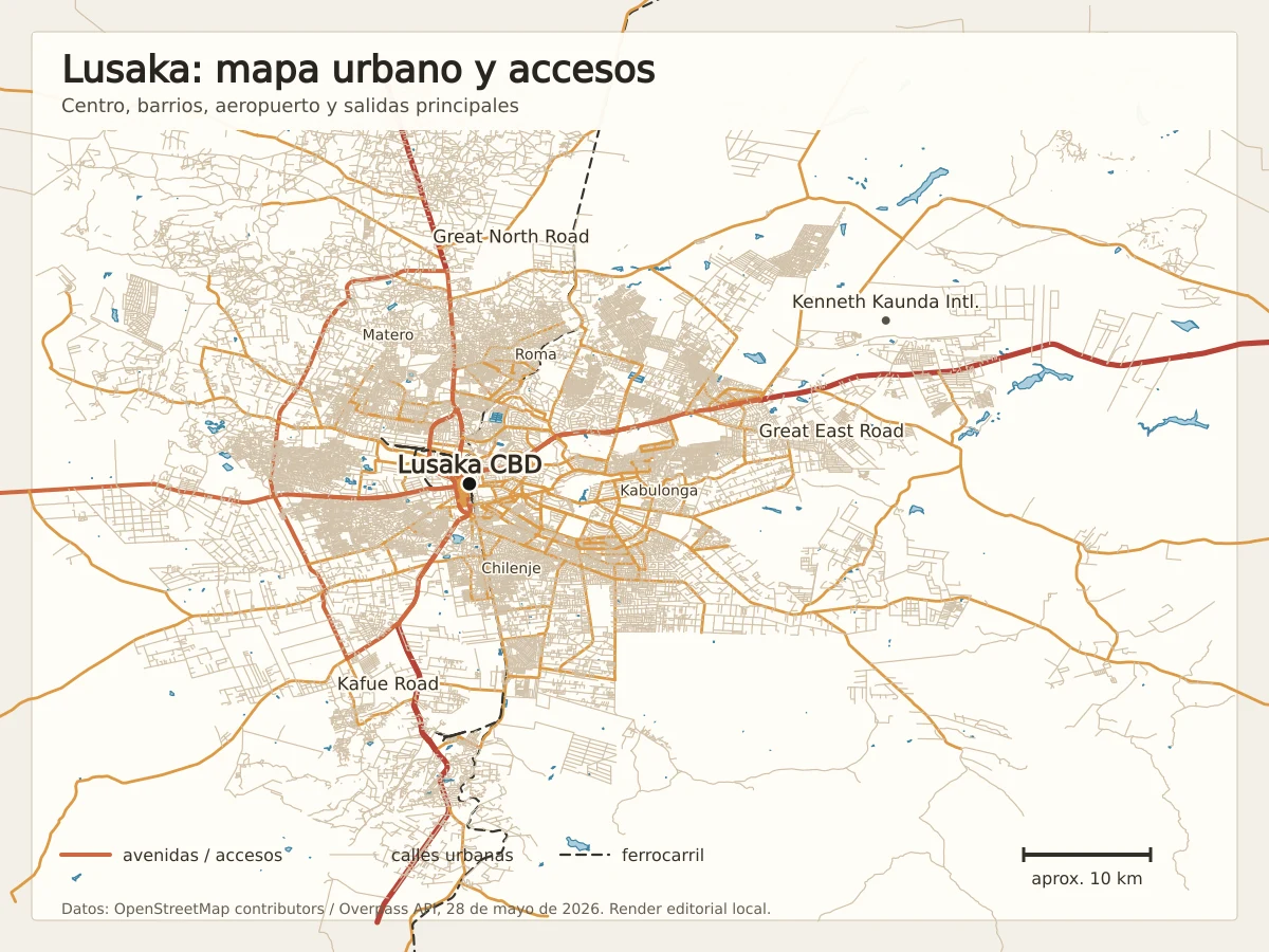 Mapa urbano de Lusaka con el centro, Great East Road, Great North Road, Kafue Road, Roma, Kabulonga, Matero, Chilenje y el aeropuerto Kenneth Kaunda