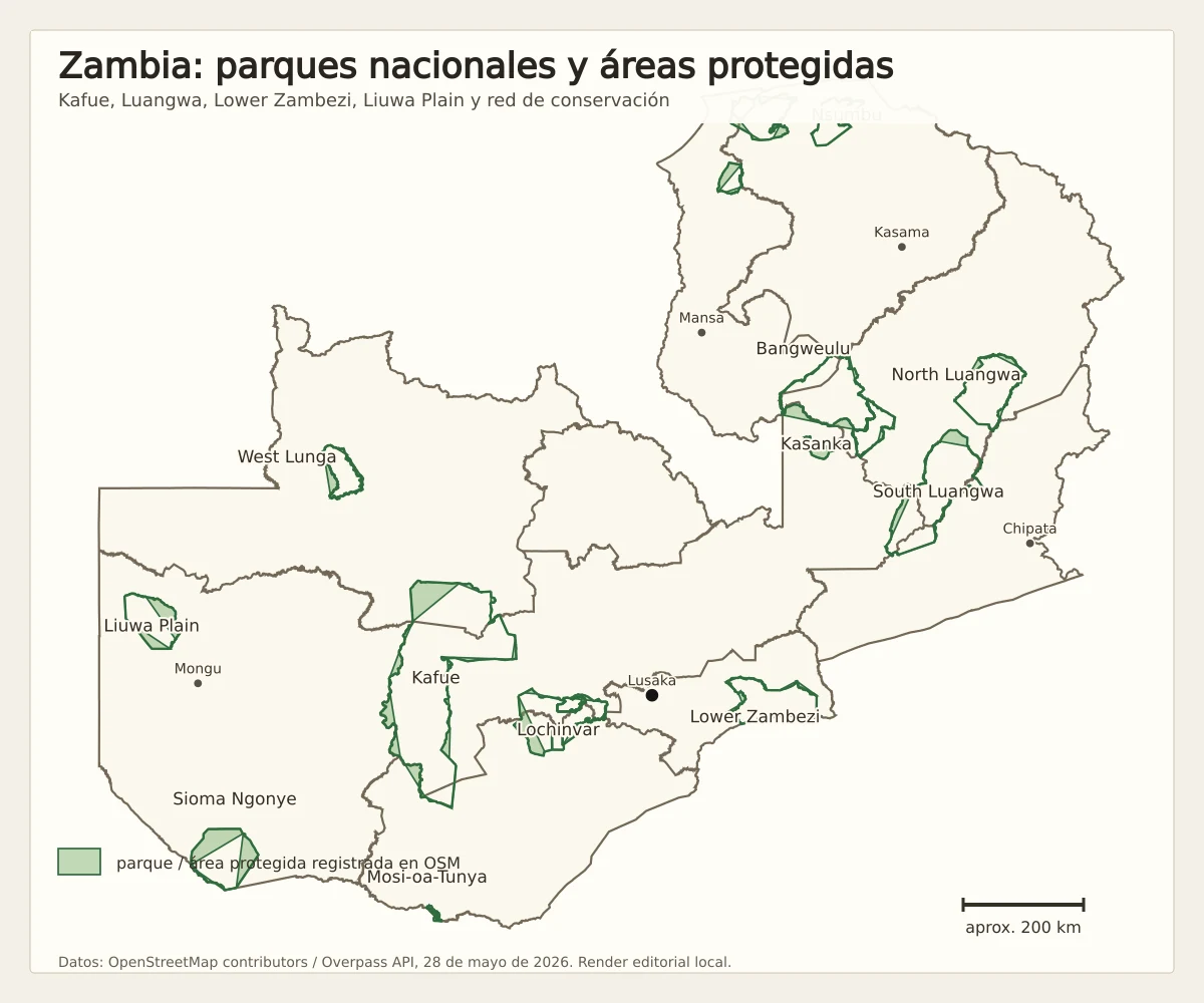 Mapa de parques nacionales y áreas protegidas de Zambia con Kafue, South Luangwa, North Luangwa, Lower Zambezi, Liuwa Plain, Kasanka, Bangweulu, West Lunga, Lochinvar y Sioma Ngonye