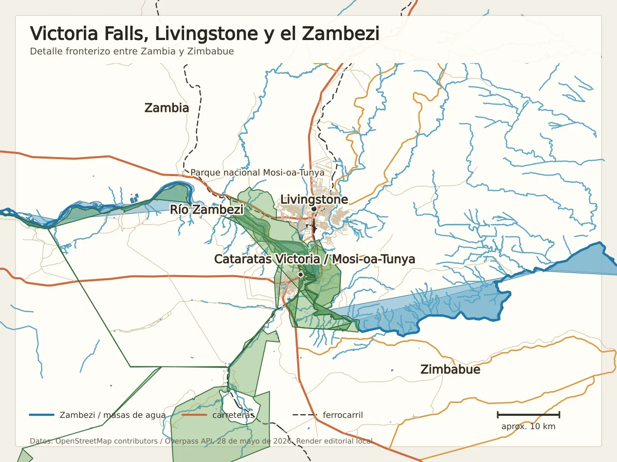Mapa de Livingstone, río Zambezi, cataratas Victoria, parque nacional Mosi-oa-Tunya, Victoria Falls en Zimbabue, carreteras y ferrocarril