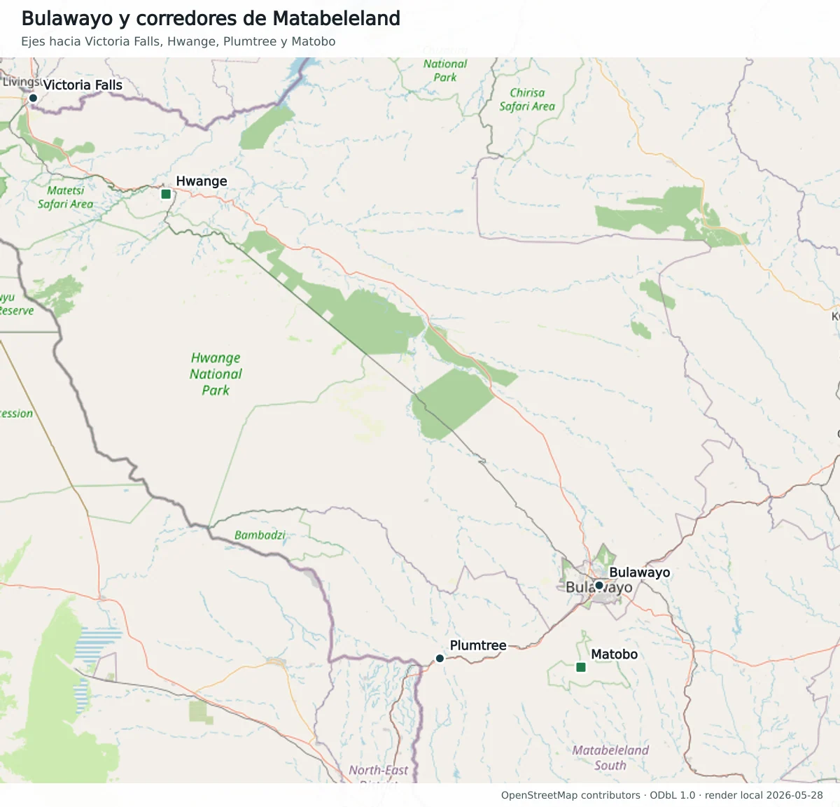 Mapa OpenStreetMap de Bulawayo y Matabeleland con Hwange, Victoria Falls, Plumtree, Matobo, Lupane, carreteras y áreas protegidas del oeste de Zimbabue