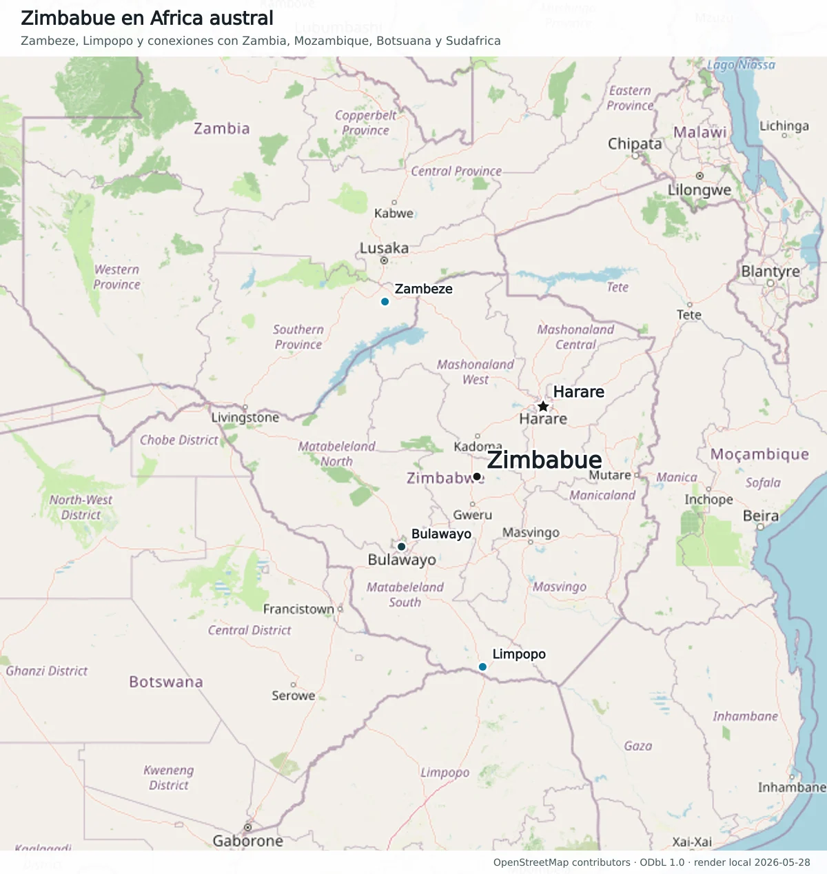 Mapa de contexto regional de Zimbabue en África austral con Zambia, Mozambique, Botsuana, Sudáfrica, Malawi, Zambeze, Limpopo, lago Kariba, Harare y Bulawayo