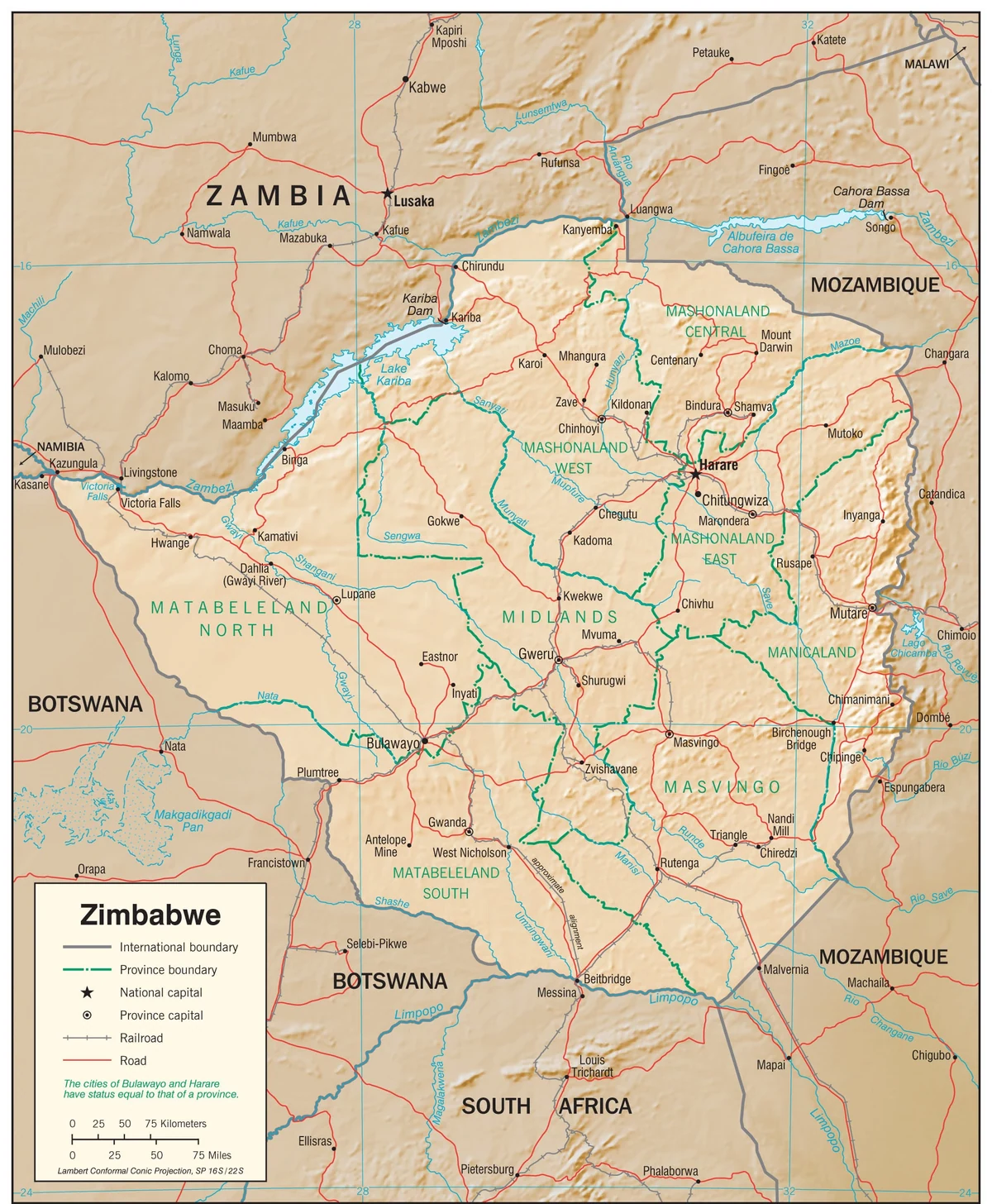 Mapa físico de Zimbabue con relieve sombreado, meseta central highveld, ríos Zambeze, Limpopo, Save, lagos Kariba y Mutirikwi, Harare, Bulawayo y montañas orientales