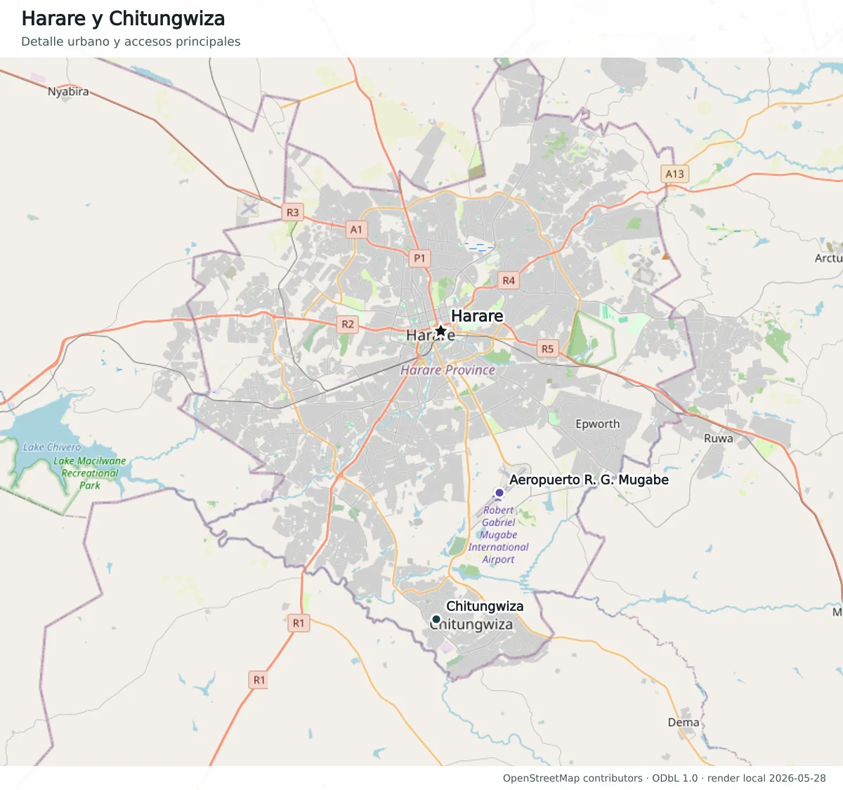 Mapa urbano OpenStreetMap de Harare y Chitungwiza con carreteras principales, aeropuerto internacional Robert Gabriel Mugabe, Ruwa, Epworth, lago Chivero y accesos metropolitanos