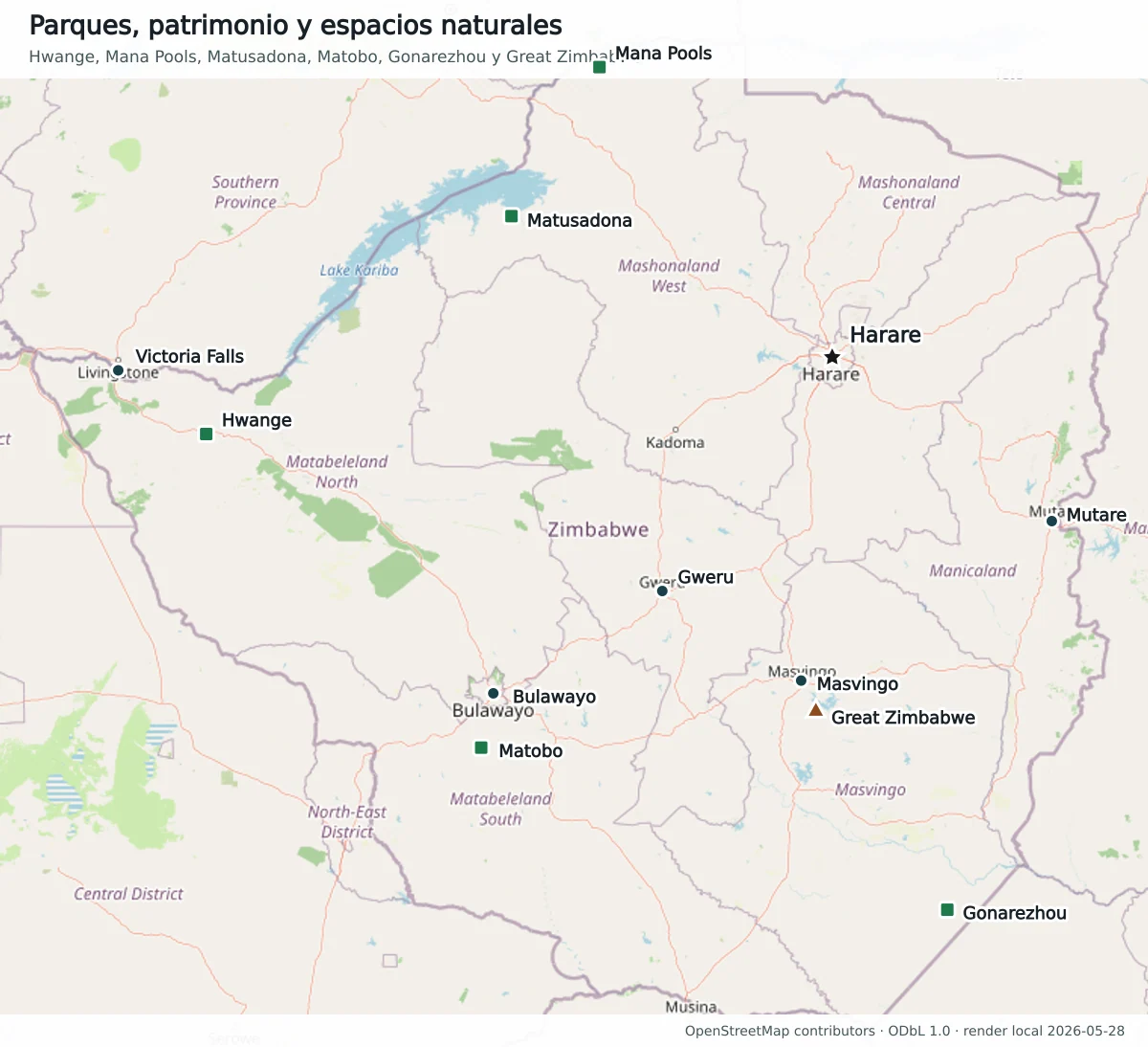 Mapa OpenStreetMap de parques y patrimonio de Zimbabue con Hwange, Mana Pools, Matusadona, Matobo, Gonarezhou, Great Zimbabwe, lago Kariba, Harare, Bulawayo y Victoria Falls