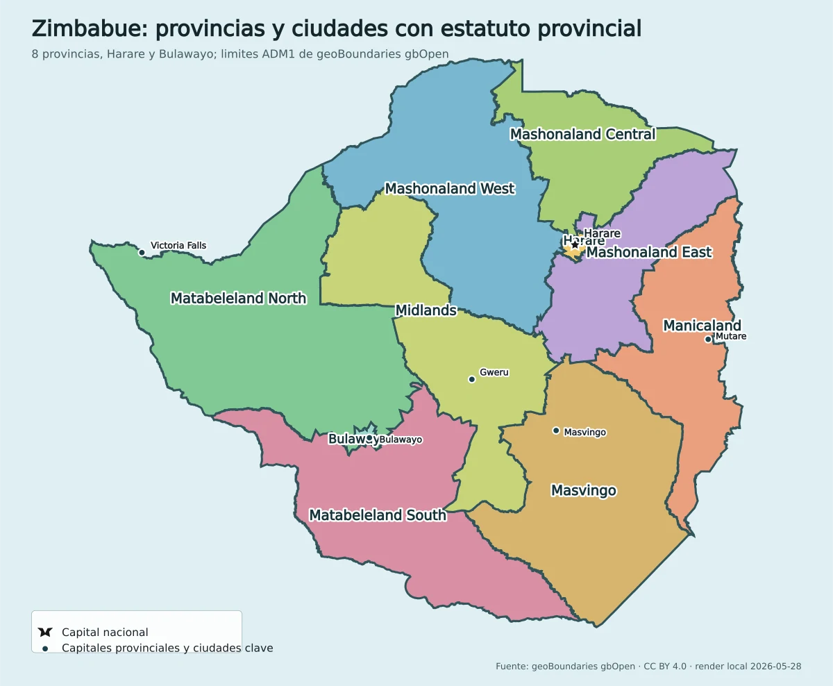 Mapa administrativo de Zimbabue con Harare, Bulawayo, Manicaland, Mashonaland Central, Mashonaland East, Mashonaland West, Masvingo, Matabeleland North, Matabeleland South y Midlands