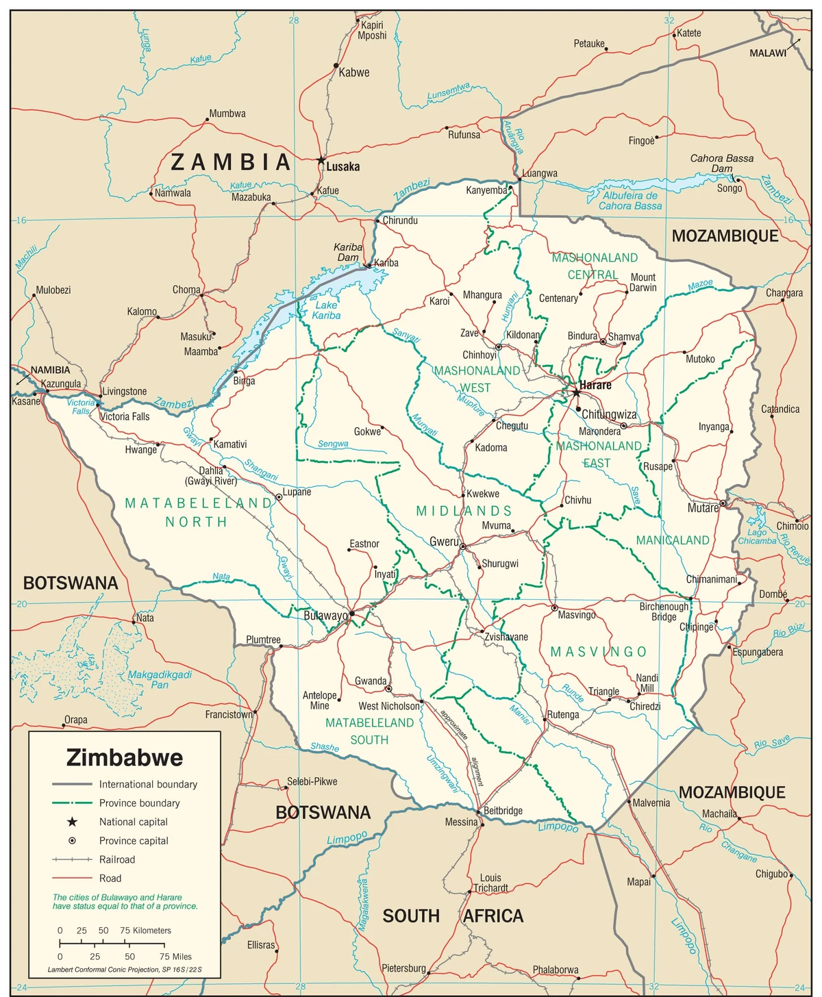 Mapa de transporte de Zimbabue con carreteras, ferrocarriles, Harare, Bulawayo, Mutare, Gweru, Masvingo, Beitbridge, Victoria Falls y pasos hacia Zambia, Mozambique, Botsuana y Sudáfrica
