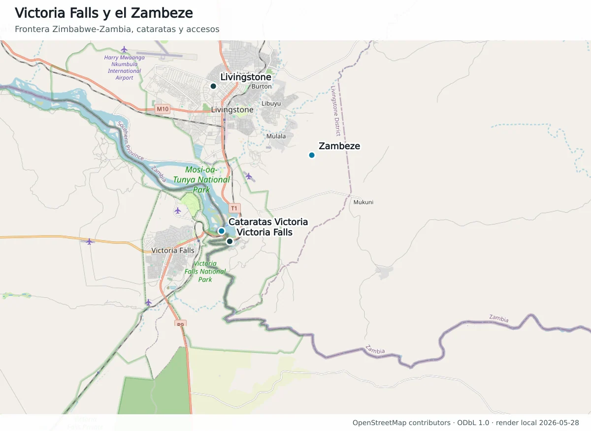 Mapa OpenStreetMap de Victoria Falls, cataratas Victoria, río Zambeze, Livingstone, frontera entre Zimbabue y Zambia, puente Victoria Falls y parques cercanos